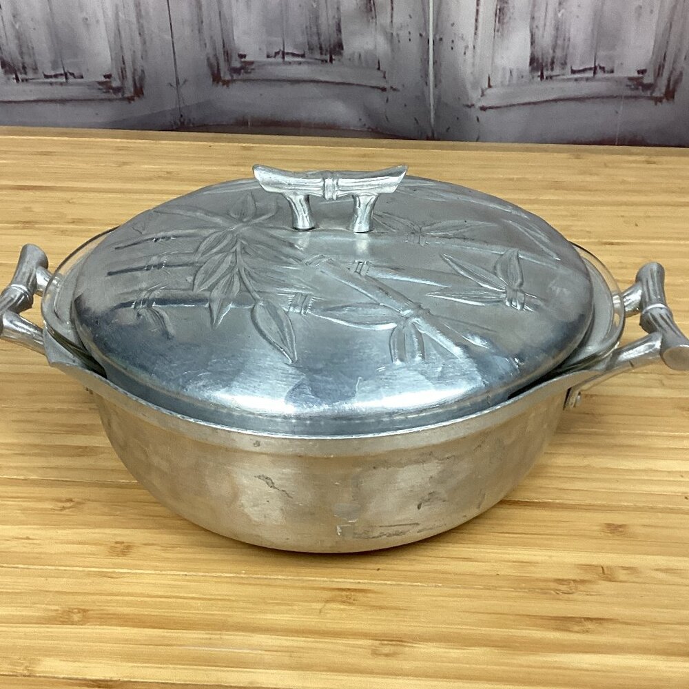 Vintage Everlast Forged Aluminum Bamboo Design 9" Pot w/ Lid & Pyrex Glass Bowl